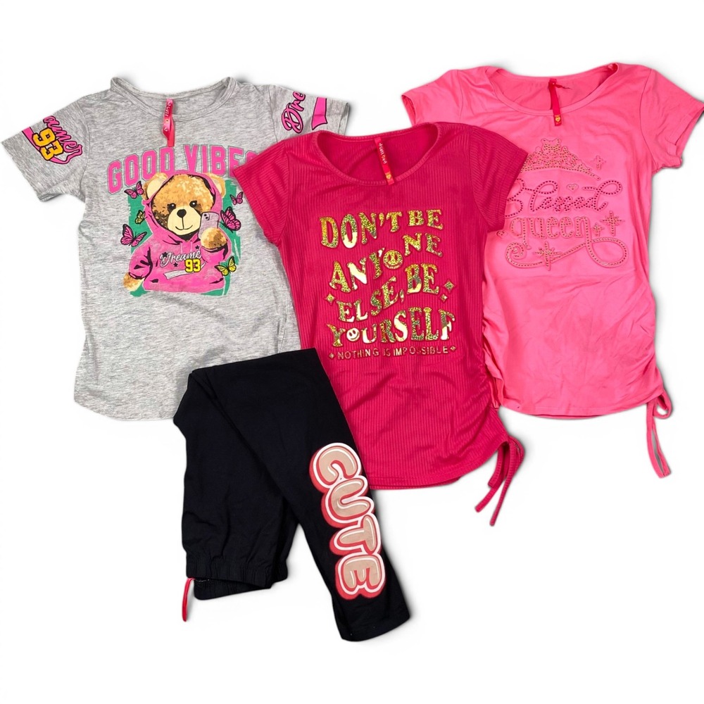 Cutie Girl 4 Piece Bundle Graphic Tees and Leggings Pink Grey Black Size 10/12 M